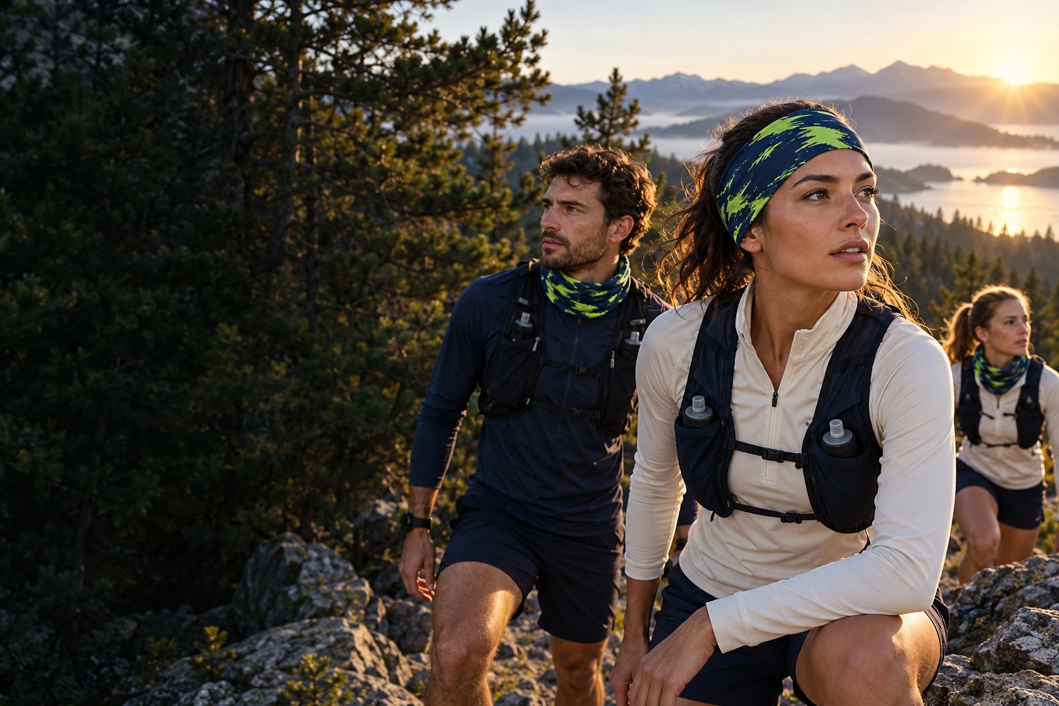Aynı lacivert ve yeşil bandana desenlerini kullanan üç yetişkin outdoor ekip üyesinin temsili görüntüsü