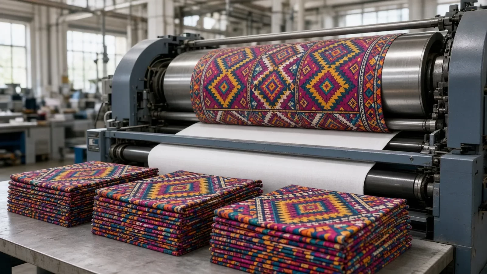 Süblimasyon kalenderinde renkli desen basılan polyester kumaş ve önünde istiflenmiş baskılı bandanalar