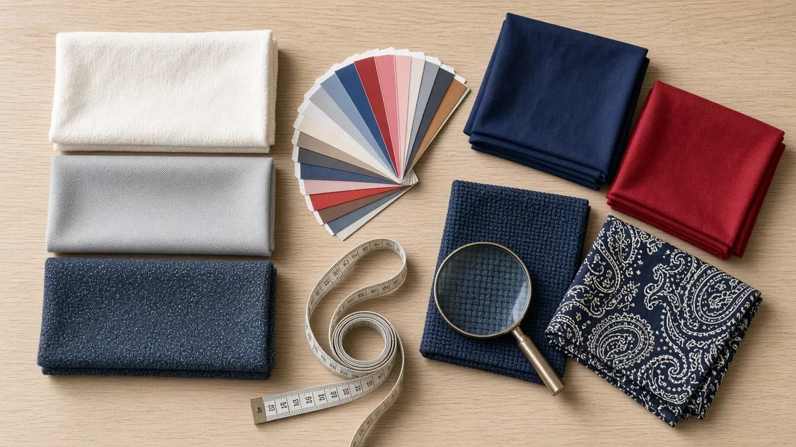 Bandana için pamuk, polyester ve mikrofiber kumaş numuneleri, renk kartelası ve katlanmış bandanalar